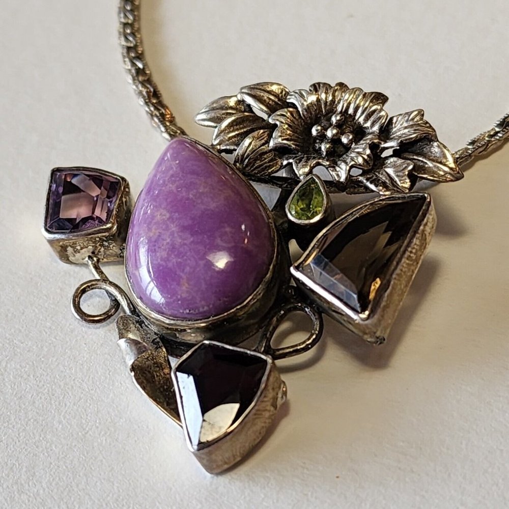 Vintage Sterling 925 Pendant Semi-precious Stones Floral Silver Work With 24... - Picture 3 of 16